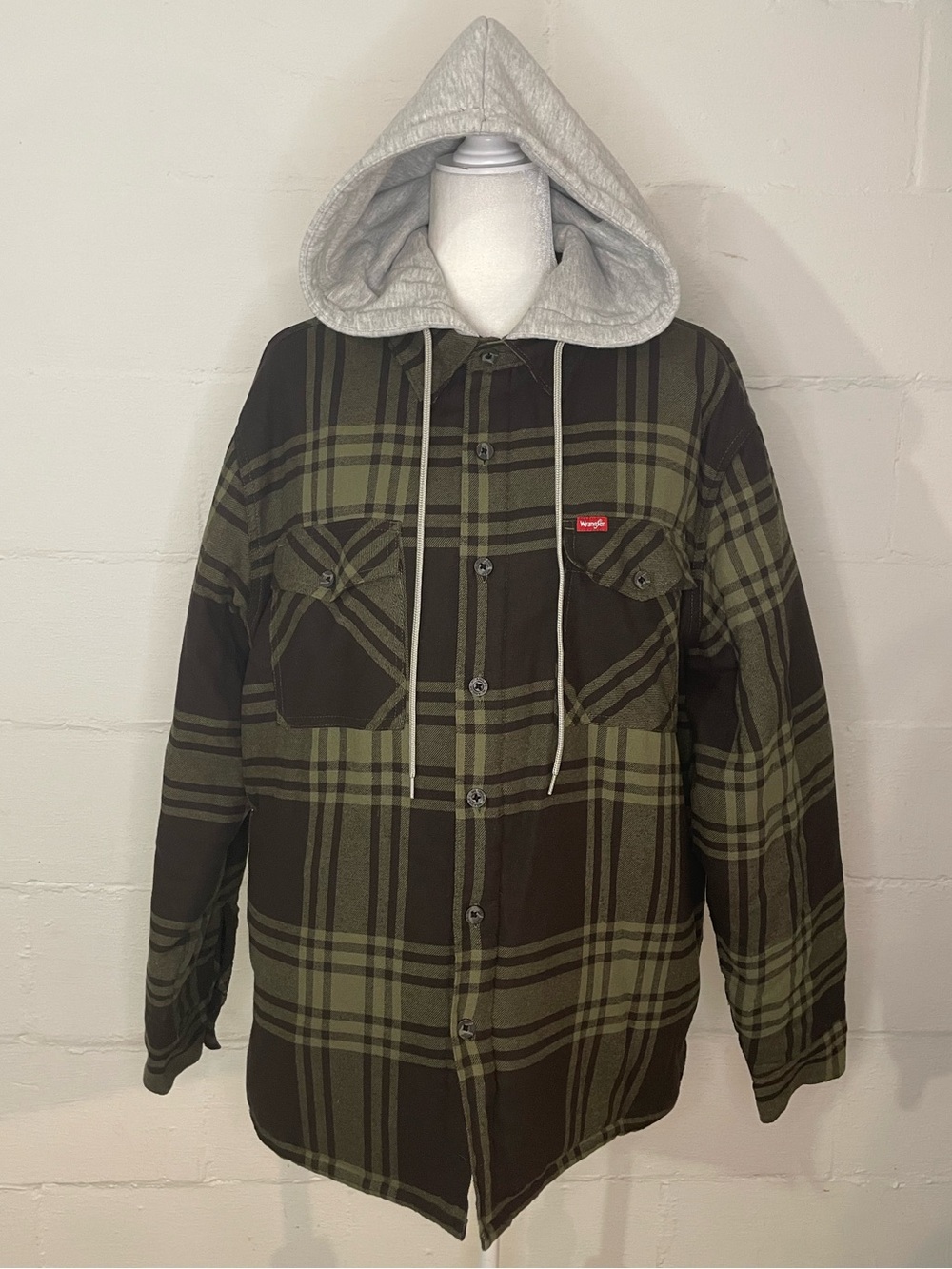 Wrangler Olive & Black Plaid Hooded Shacket with Gray Hood